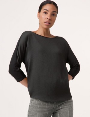 TAIFU 3/4-sleeve top with a fine crinkled front T-skjorte Svarte | EAFH1284