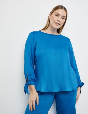 SAMOON Blouse top with knotted details on the sleeves Bluse Blå | YFNT0229