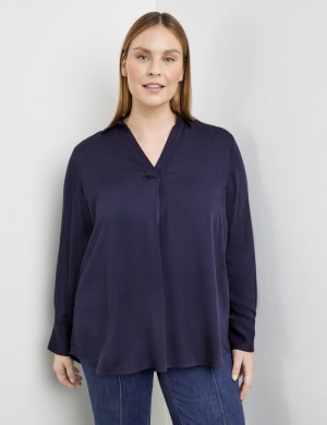 SAMOON Blouse with a V-neckline and collar Bluse Blå | QFCV5923