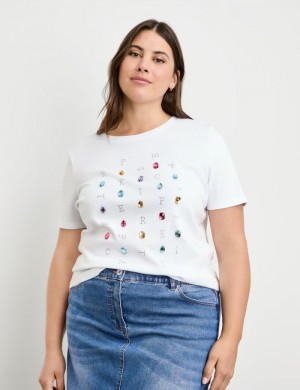 SAMOON Cotton T-shirt with rhinestones T-skjorte Hvite | GDWR7879