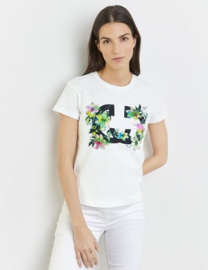 Gerry Weber Cotton top with a floral front print T-skjorte Hvite | ITAE4648