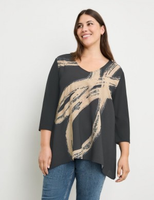 SAMOON Flared 3/4-sleeve top in a mix of materials T-skjorte Svarte | RRJZ0443