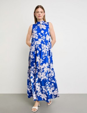 TAIFU Flared, tiered dress with a floral print Kjole Blå | FSKB6505