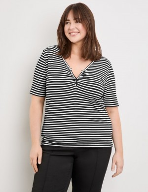 SAMOON Henley top with stripes T-skjorte Svarte | AUWR4419