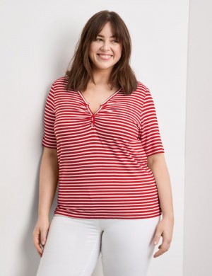 SAMOON Henley top with stripes T-skjorte Rød | JVEN0659