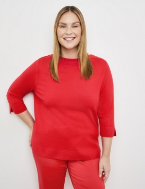 SAMOON Jumper with 3/4-length sleeves and side slits Strikkevarer Rød | SAXS5221