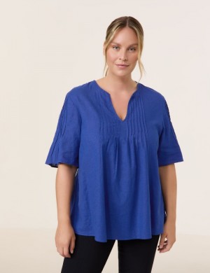 SAMOON Linen blend blouse with mid-length sleeves Bluse Blå | LAEU5555