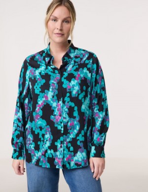 SAMOON Long shirt blouse with an all-over print Bluse Blå | BQNG2423