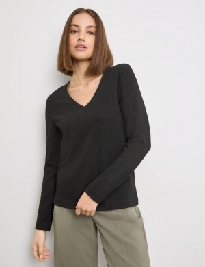 TAIFU Long sleeve top in textured jersey T-skjorte Svarte | DHJY3263