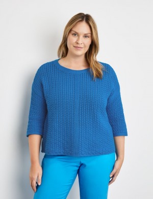 SAMOON Openwork jumper with 3/4-length sleeves Strikkevarer Blå | OIRK1271