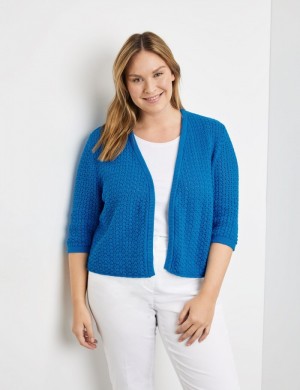 SAMOON Openwork knit cardigan with 3/4-length sleeves Strikkevarer Blå | OQPS6061