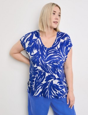 SAMOON Print top in a linen blend T-skjorte Blå | WVQW8767