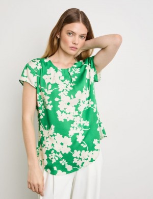 TAIFU Short sleeve blouse with a floral print Bluse Grønn | FCPC8115