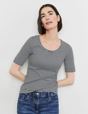 Gerry Weber Striped cotton T-shirt T-skjorte Svarte | PQQH4643