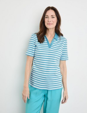 Gerry Weber Striped polo shirt made of sustainable cotton T-skjorte Blå | LJYI3686