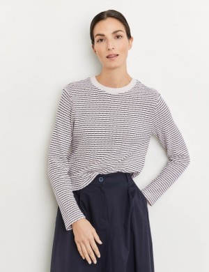 Gerry Weber Textured jumper with a stripe pattern Strikkevarer Blå | QMBK7858