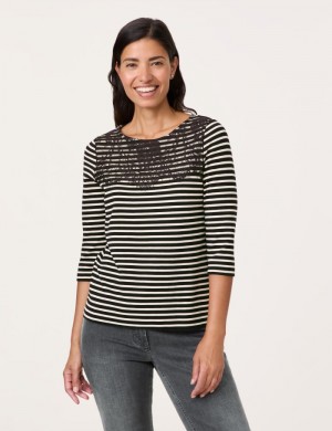 Gerry Weber Top with a lace trim and 3/4-length sleeves T-skjorte Svarte | JLDG6718