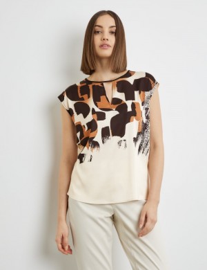 TAIFU Top with a printed satin front T-skjorte Beige | YHSU3819