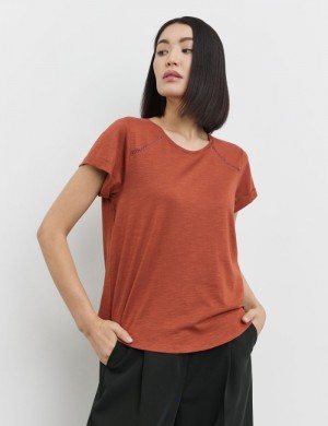 TAIFU T-shirt with crocheted lace details T-skjorte Brune | MKCO9430