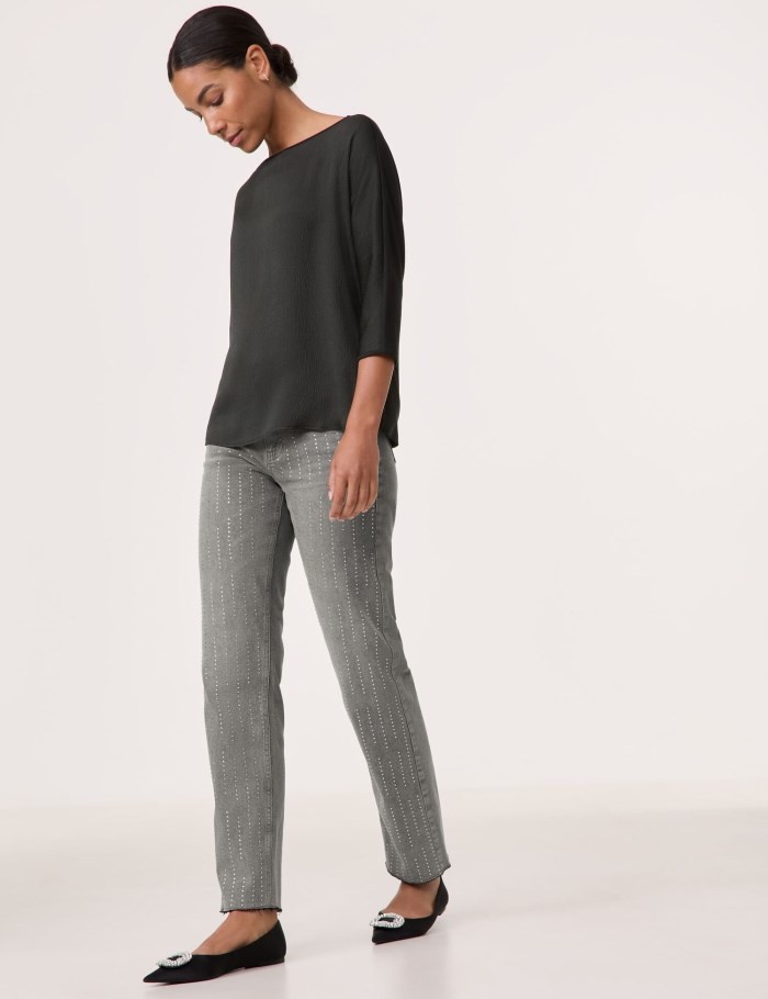 TAIFU 3/4-sleeve top with a fine crinkled front T-skjorte Svarte | EAFH1284