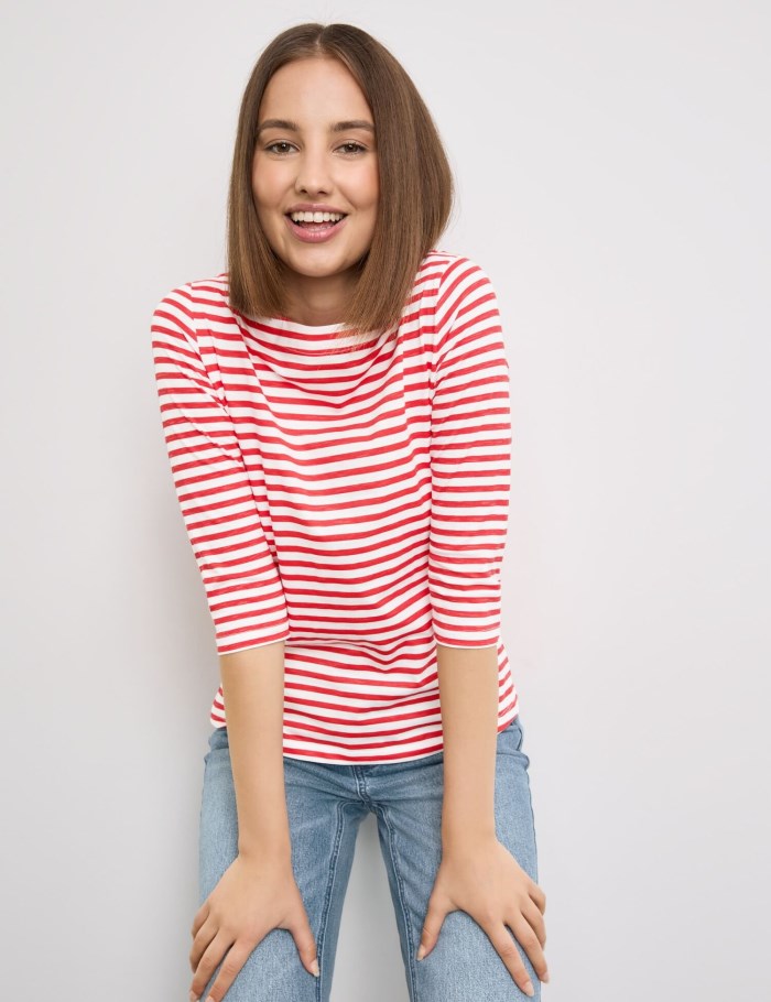 TAIFU 3/4-sleeve top with a striped print T-skjorte Rød | RXYI6392