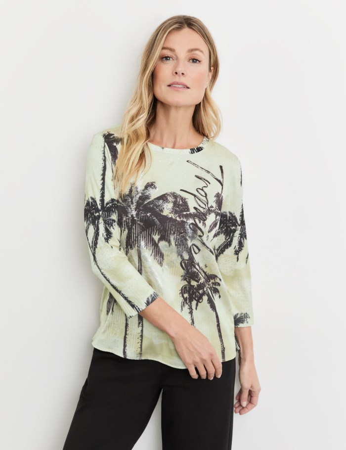 Gerry Weber 3/4-sleeve top with fabric panelling and lettering T-skjorte Grønn | WNHL3491