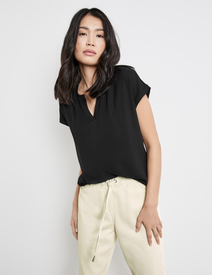 TAIFU Blouse shirt with chiffon overlayer T-skjorte Svarte | SVOF0253