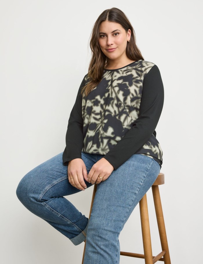 SAMOON Casual long sleeve top with a front print T-skjorte Svarte | YCAA3766