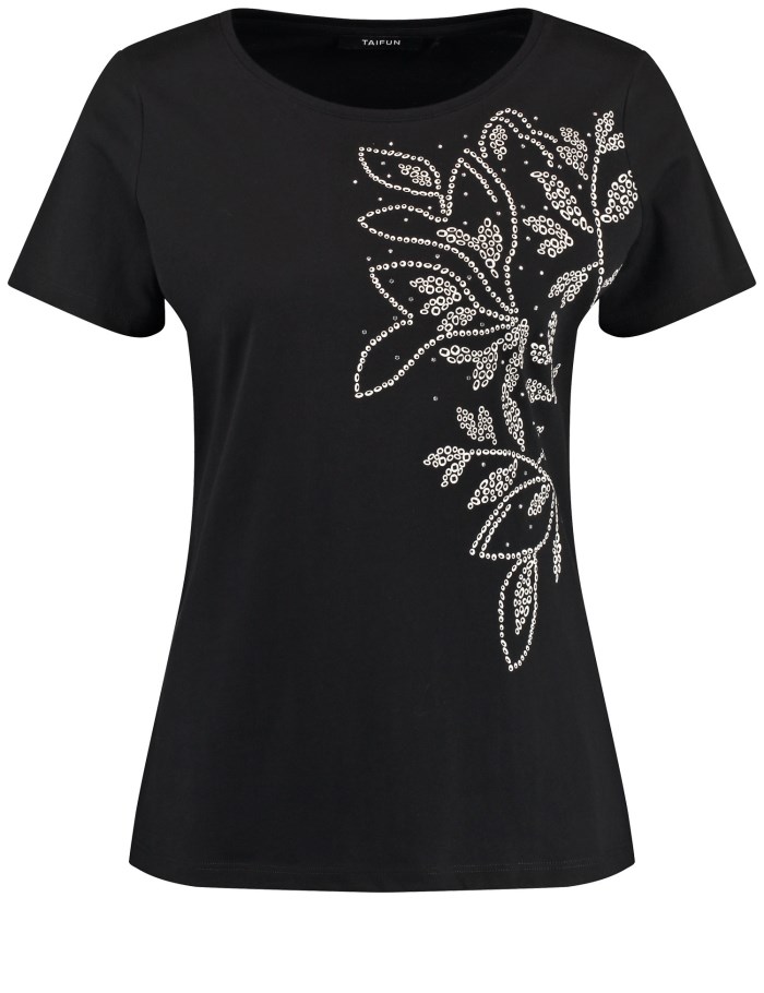 TAIFU Cotton T-shirt with a positioned print T-skjorte Svarte | QTPK5800