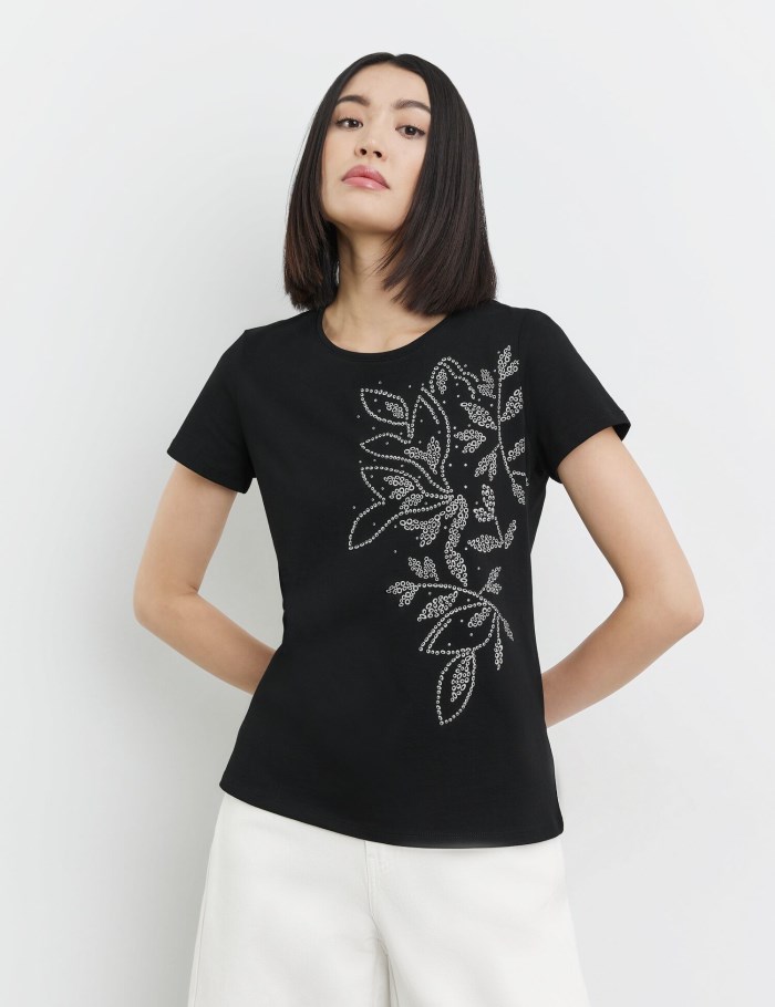 TAIFU Cotton T-shirt with a positioned print T-skjorte Svarte | QTPK5800