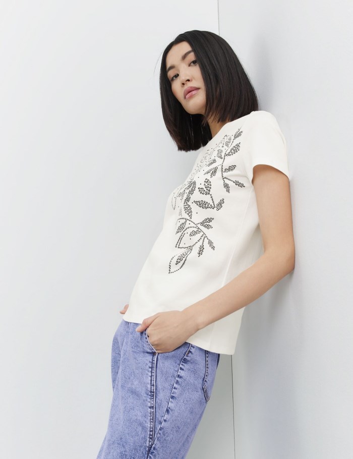 TAIFU Cotton T-shirt with a positioned print T-skjorte Hvite | QVRD0298