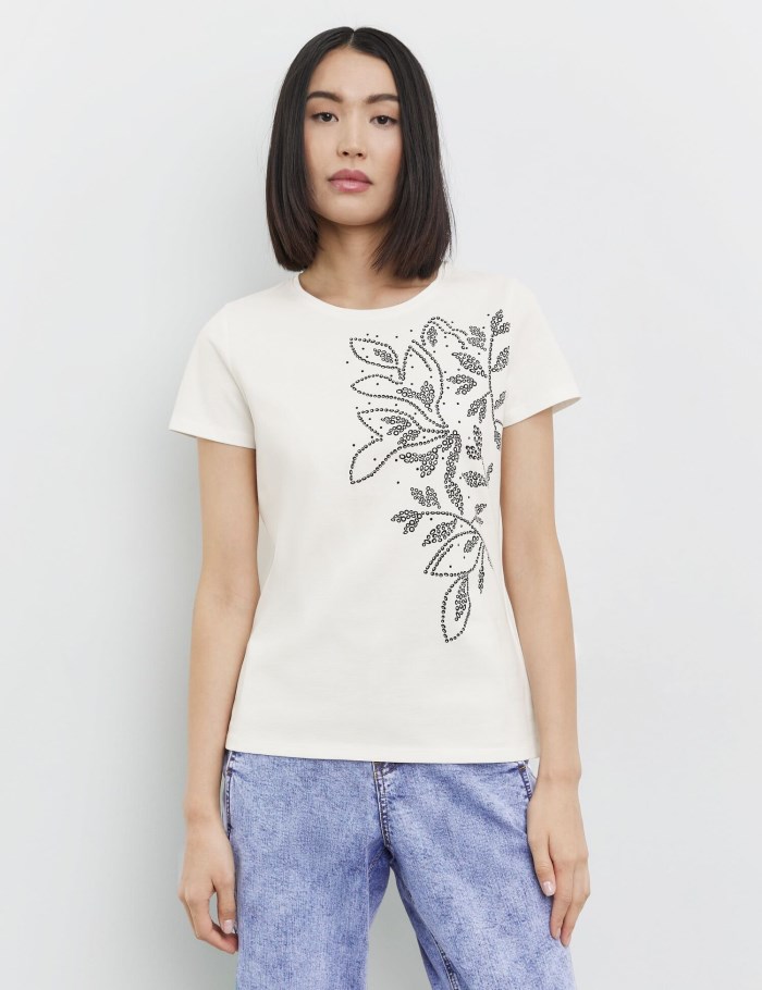 TAIFU Cotton T-shirt with a positioned print T-skjorte Hvite | QVRD0298