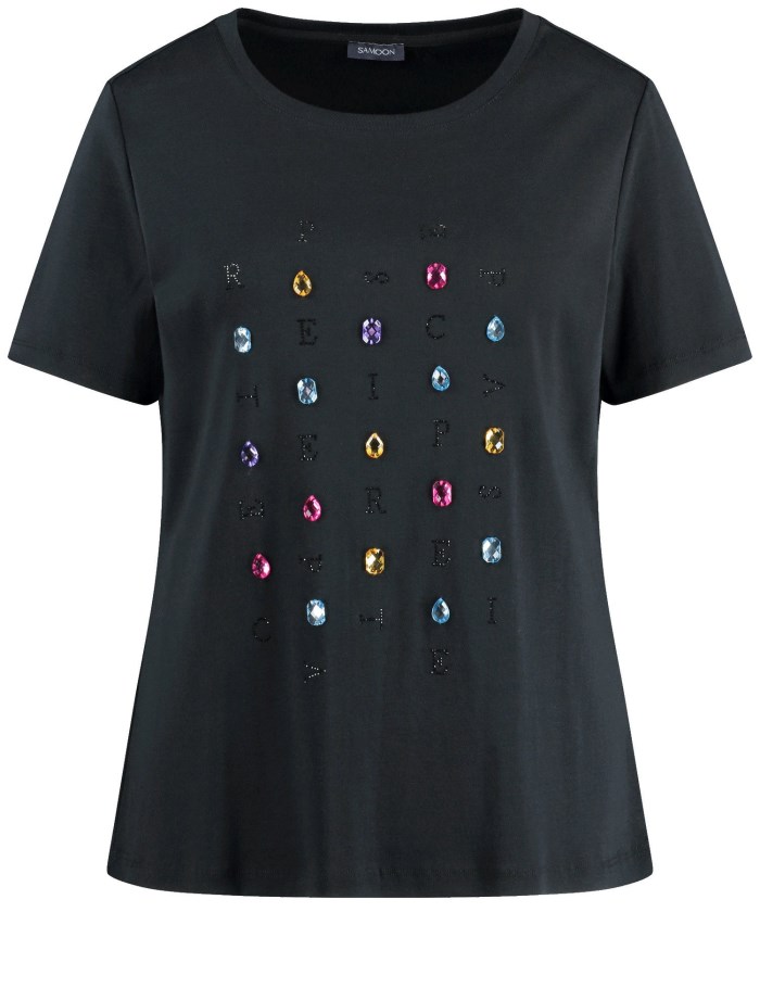 SAMOON Cotton T-shirt with rhinestones T-skjorte Svarte | ILLJ0580