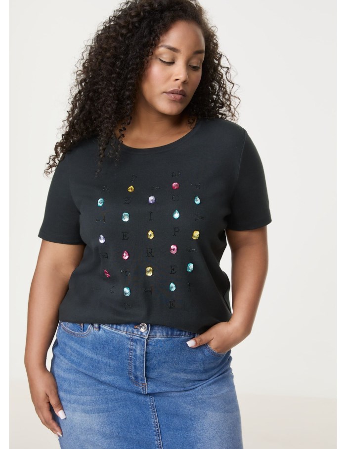 SAMOON Cotton T-shirt with rhinestones T-skjorte Svarte | ILLJ0580