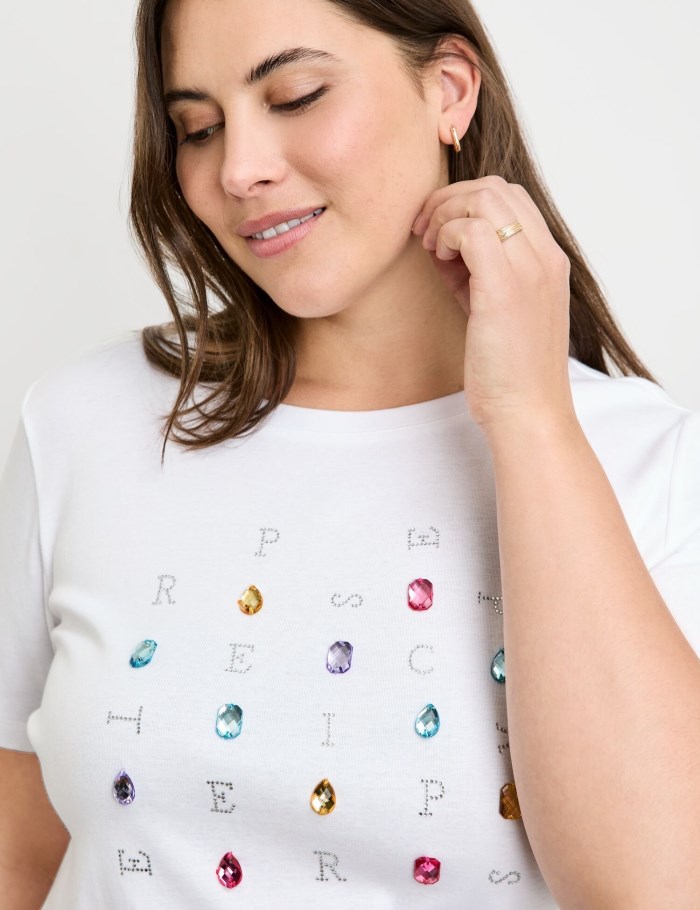 SAMOON Cotton T-shirt with rhinestones T-skjorte Hvite | GDWR7879