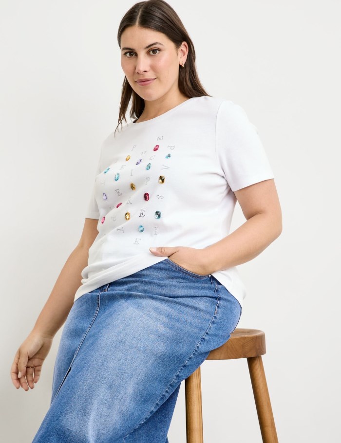 SAMOON Cotton T-shirt with rhinestones T-skjorte Hvite | GDWR7879