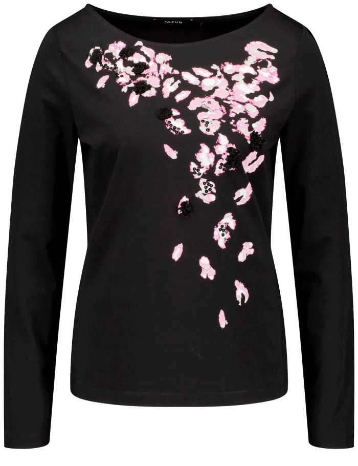 TAIFU Embellished long sleeve top made of organic cotton T-skjorte Svarte | FKBM1998