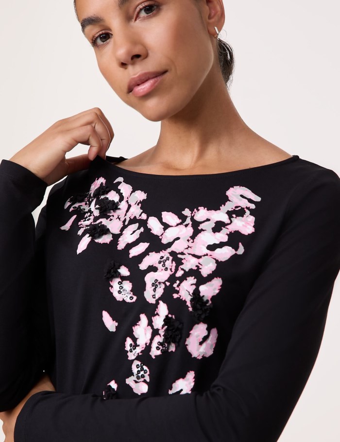 TAIFU Embellished long sleeve top made of organic cotton T-skjorte Svarte | FKBM1998