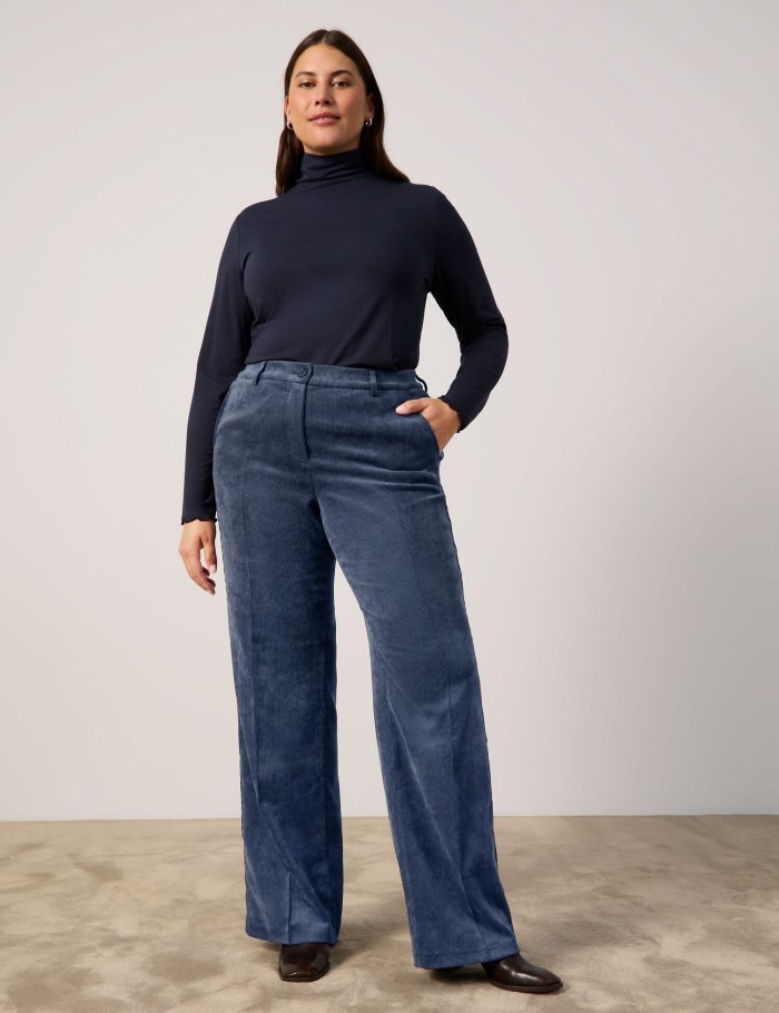 SAMOON Fine corduroy trousers with a wide leg, Carlotta Bukser Blå | FVFP5070