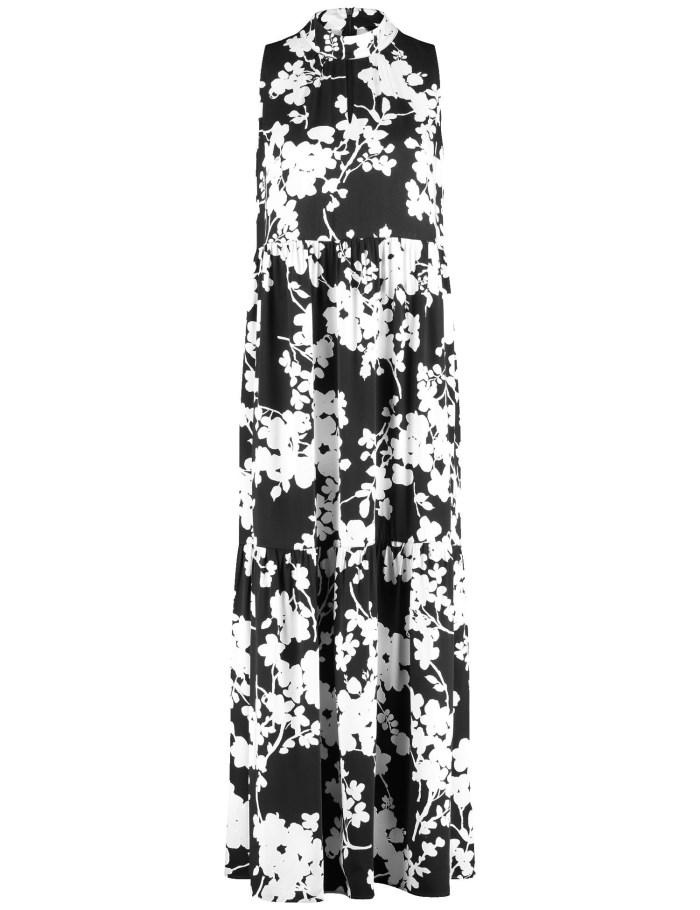 TAIFU Flared, tiered dress with a floral print Kjole Svarte | KGJX9381