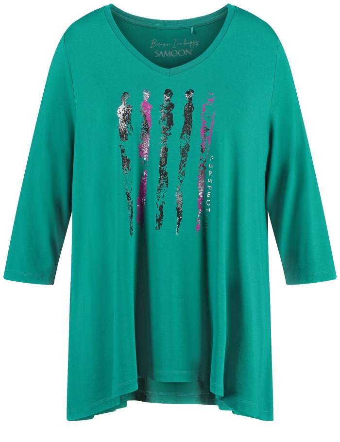 SAMOON Flared top with 3/4-length sleeves and a front print T-skjorte Blå | AFXG8062