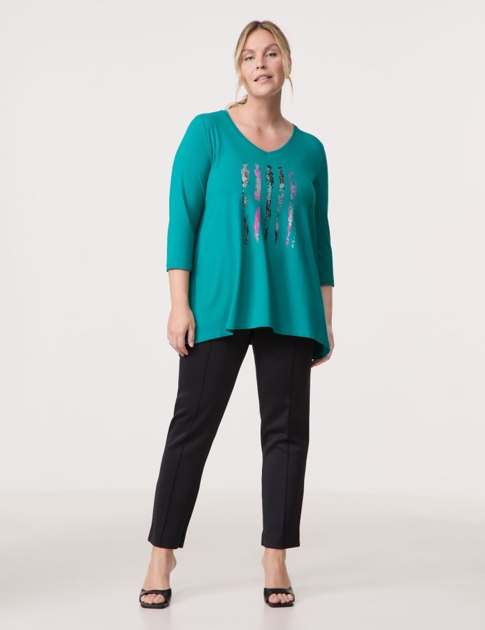 SAMOON Flared top with 3/4-length sleeves and a front print T-skjorte Blå | AFXG8062