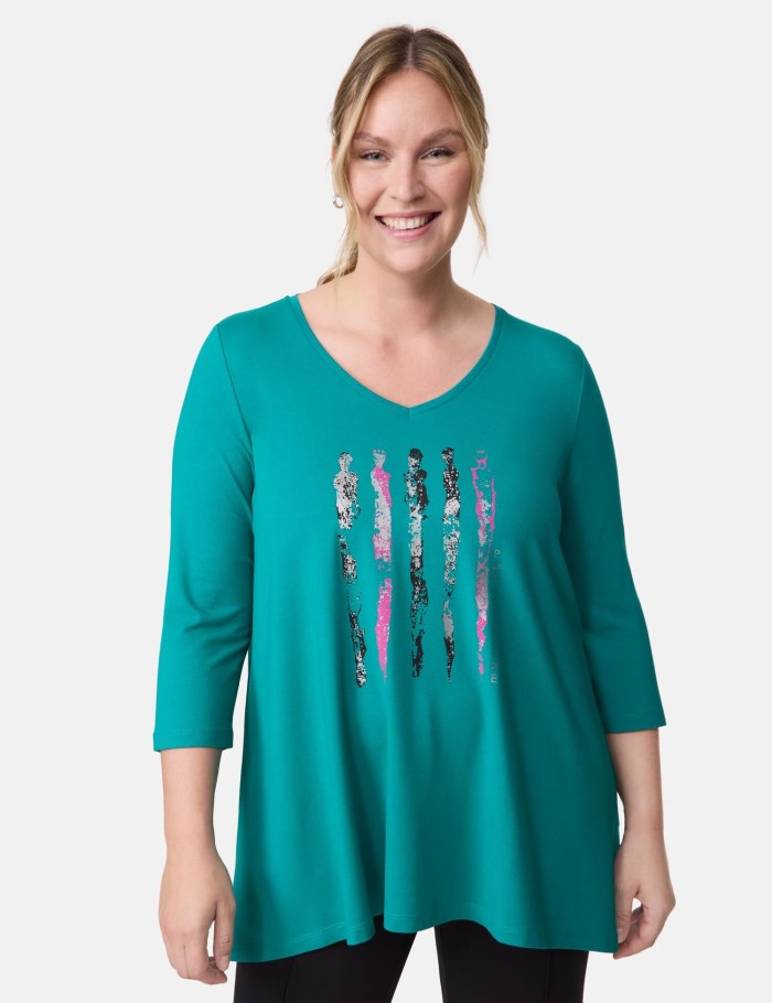 SAMOON Flared top with 3/4-length sleeves and a front print T-skjorte Blå | AFXG8062