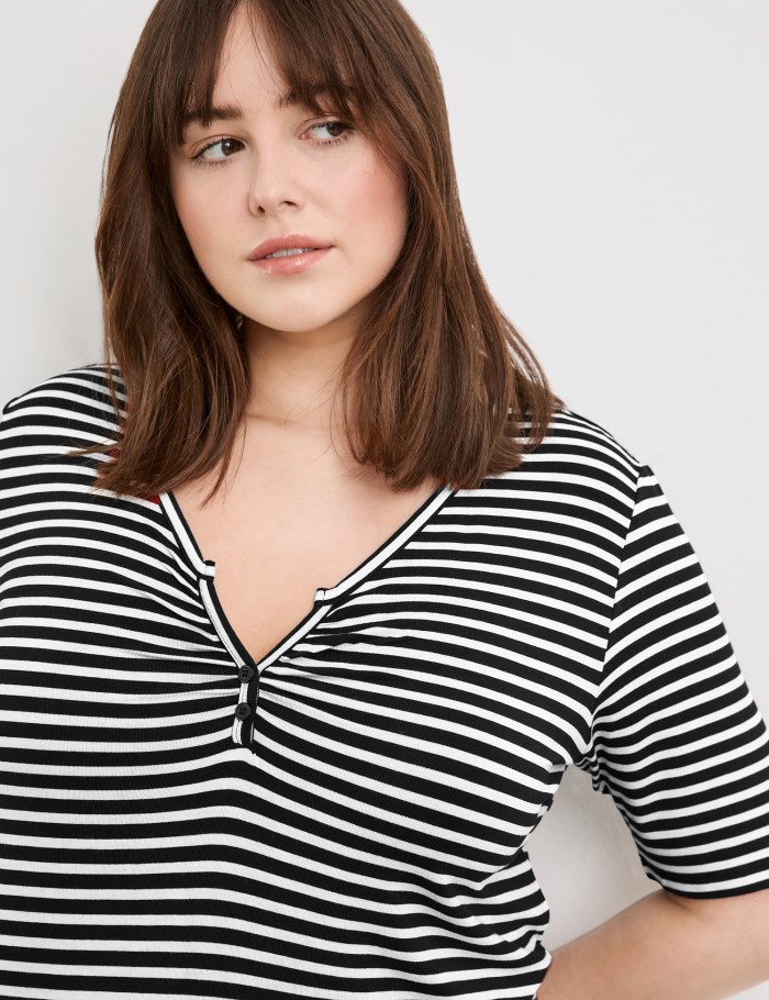 SAMOON Henley top with stripes T-skjorte Svarte | AUWR4419