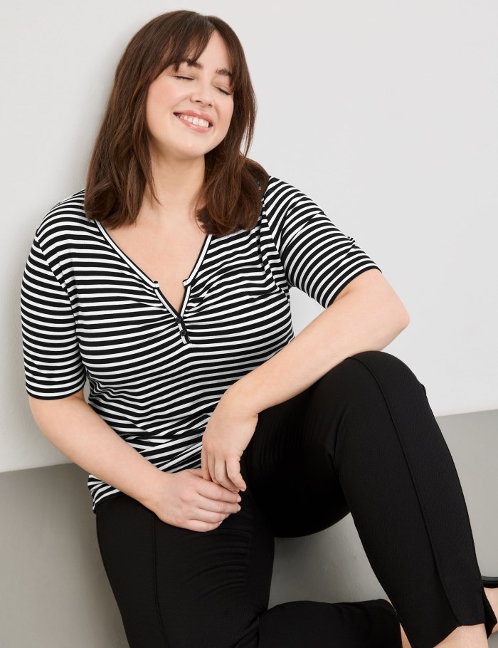 SAMOON Henley top with stripes T-skjorte Svarte | AUWR4419