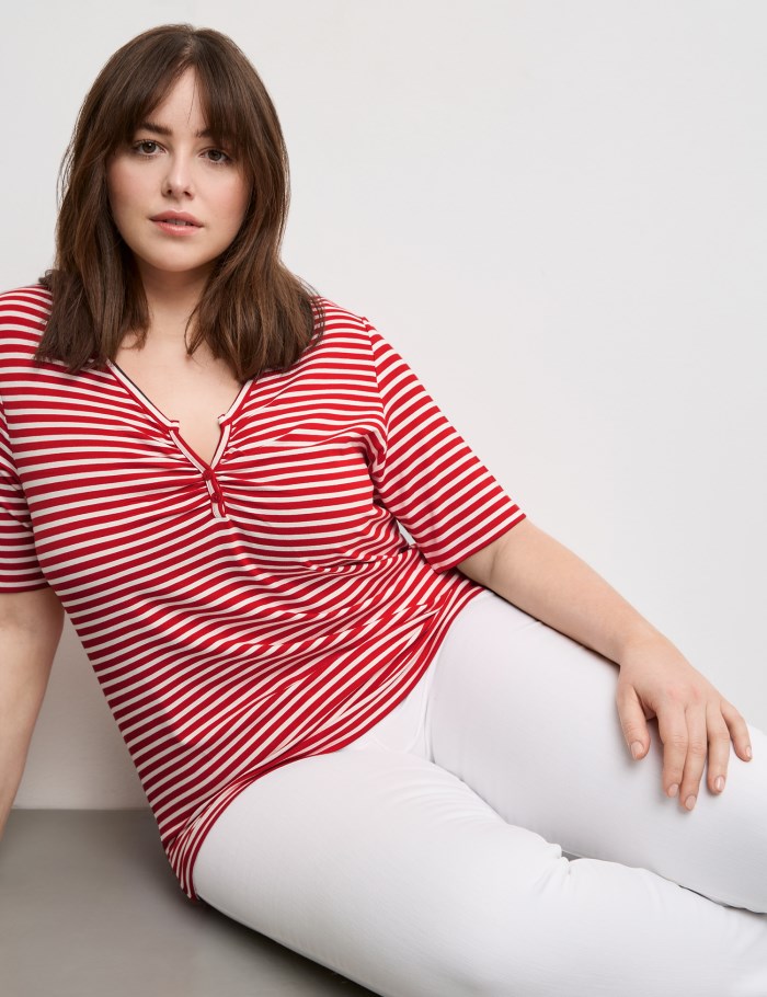 SAMOON Henley top with stripes T-skjorte Rød | JVEN0659