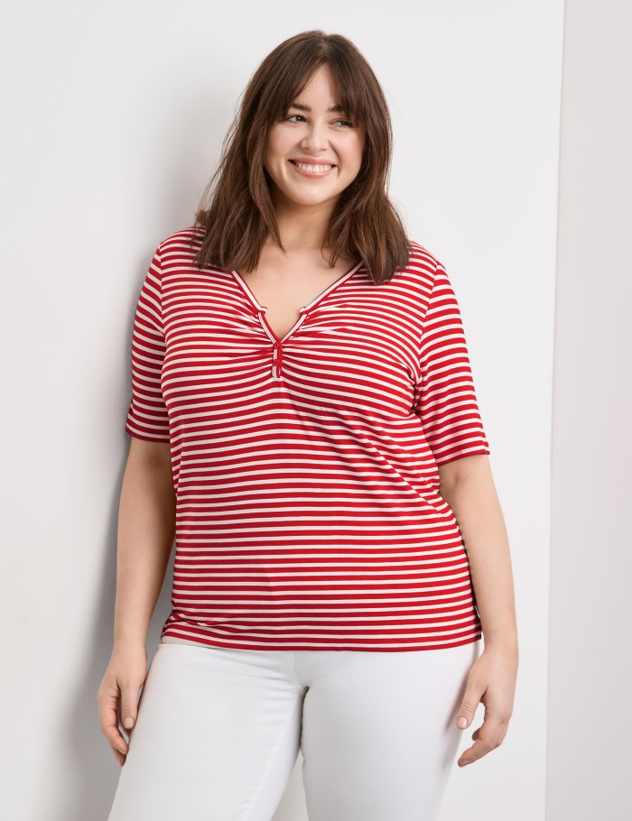 SAMOON Henley top with stripes T-skjorte Rød | JVEN0659