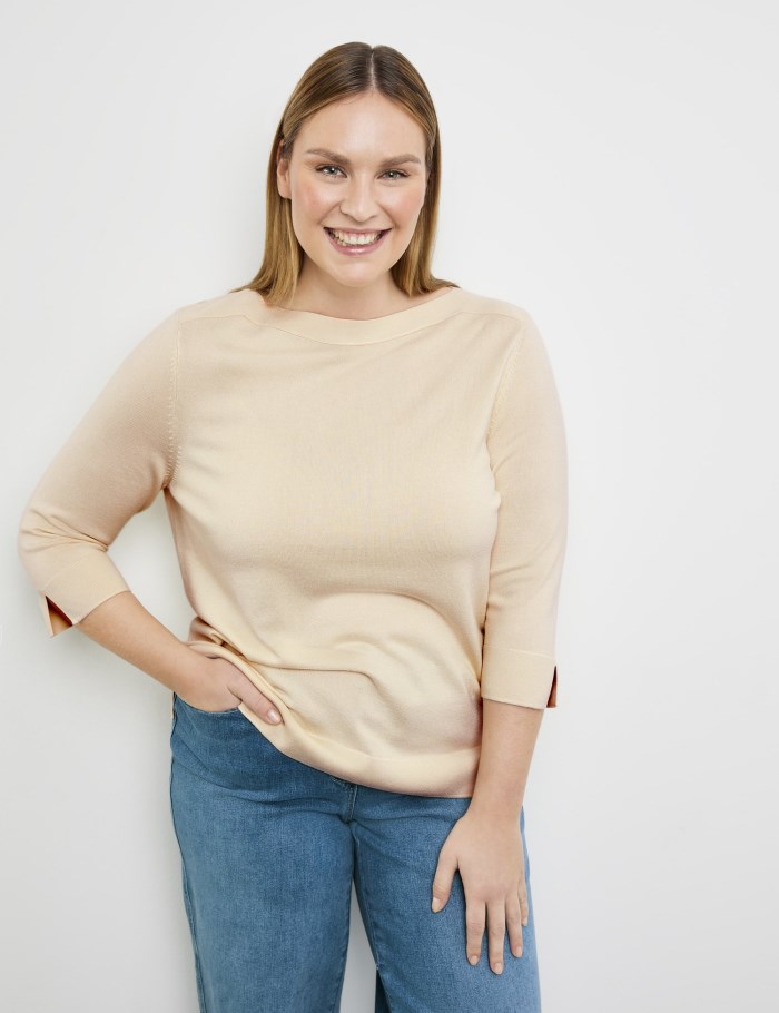 SAMOON Jumper with 3/4-length sleeves and side slits Strikkevarer Beige | MORI6968