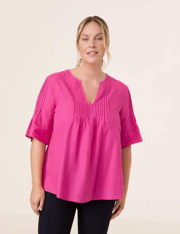 SAMOON Linen blend blouse with mid-length sleeves Bluse Rosa | MBMW6736