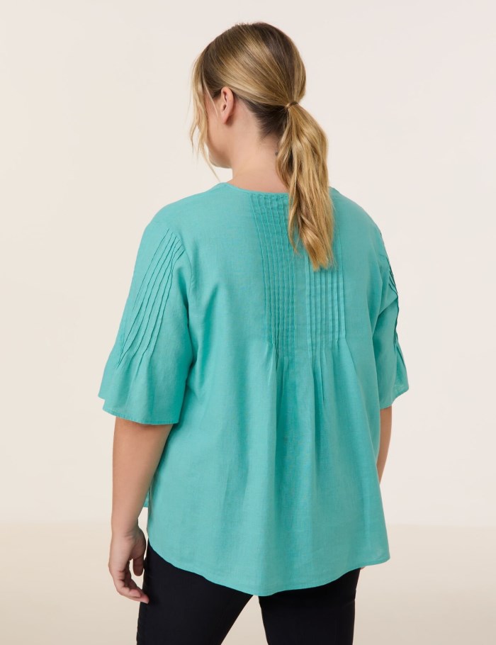 SAMOON Linen blend blouse with mid-length sleeves Bluse Blå | AEOH7025